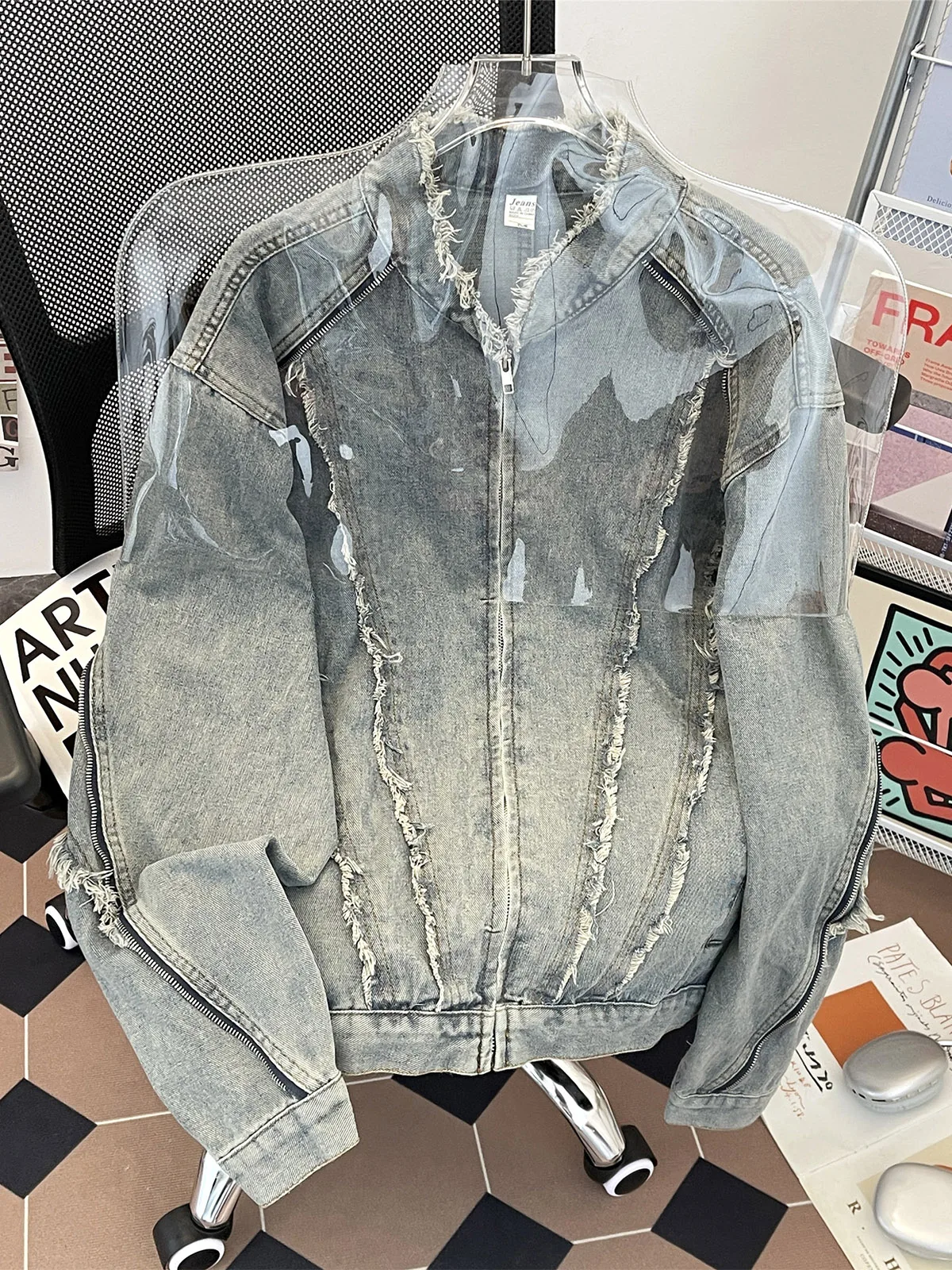 American Deconstructed Frayed Shoulder Denim Jacket Men's Hip Hop Street Washed Stand Collar Silhouette Design Trendy Jacket
