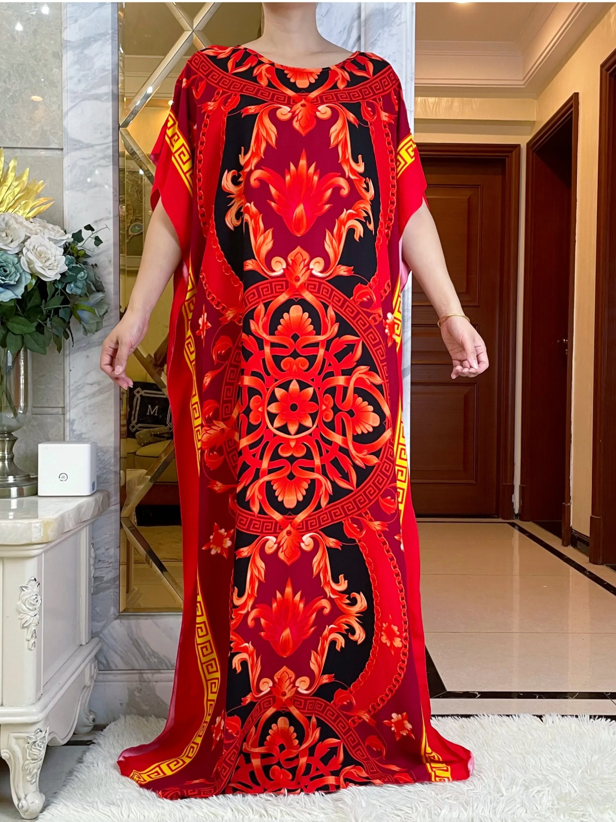 2023Dubai Party Dress For Women Summer Short Sleeve Dresses With Big Lace Scarf  Cotton Printing Loose Maxi Lady Islam Clothes