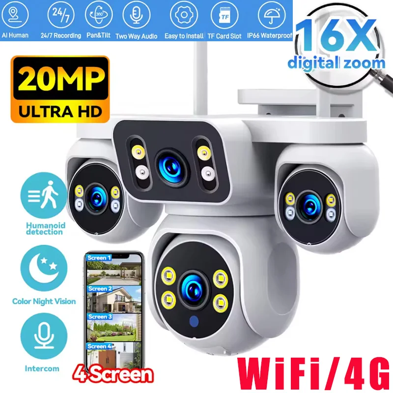 10K 20MP WiFi Security Camera 4 Lens 4 Screen 360° CCTV 16X Digital Zoom Waterproof Home Surveillance CCTV Outdoor Street Cam