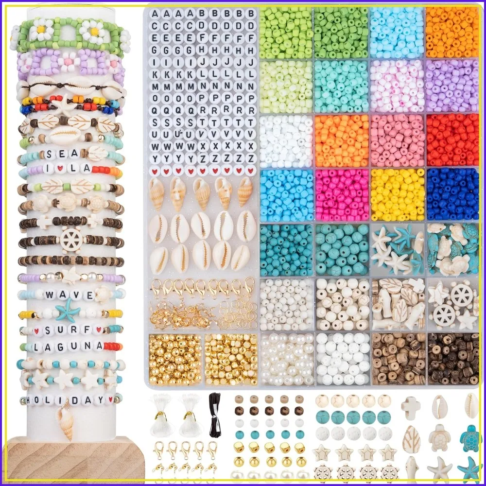

6000pcs 4mm Glass Beads for Bracelet Making Kit, Beach Jewelry Crafting with Letters, Numbers, Seashells, Spacers & Pearls