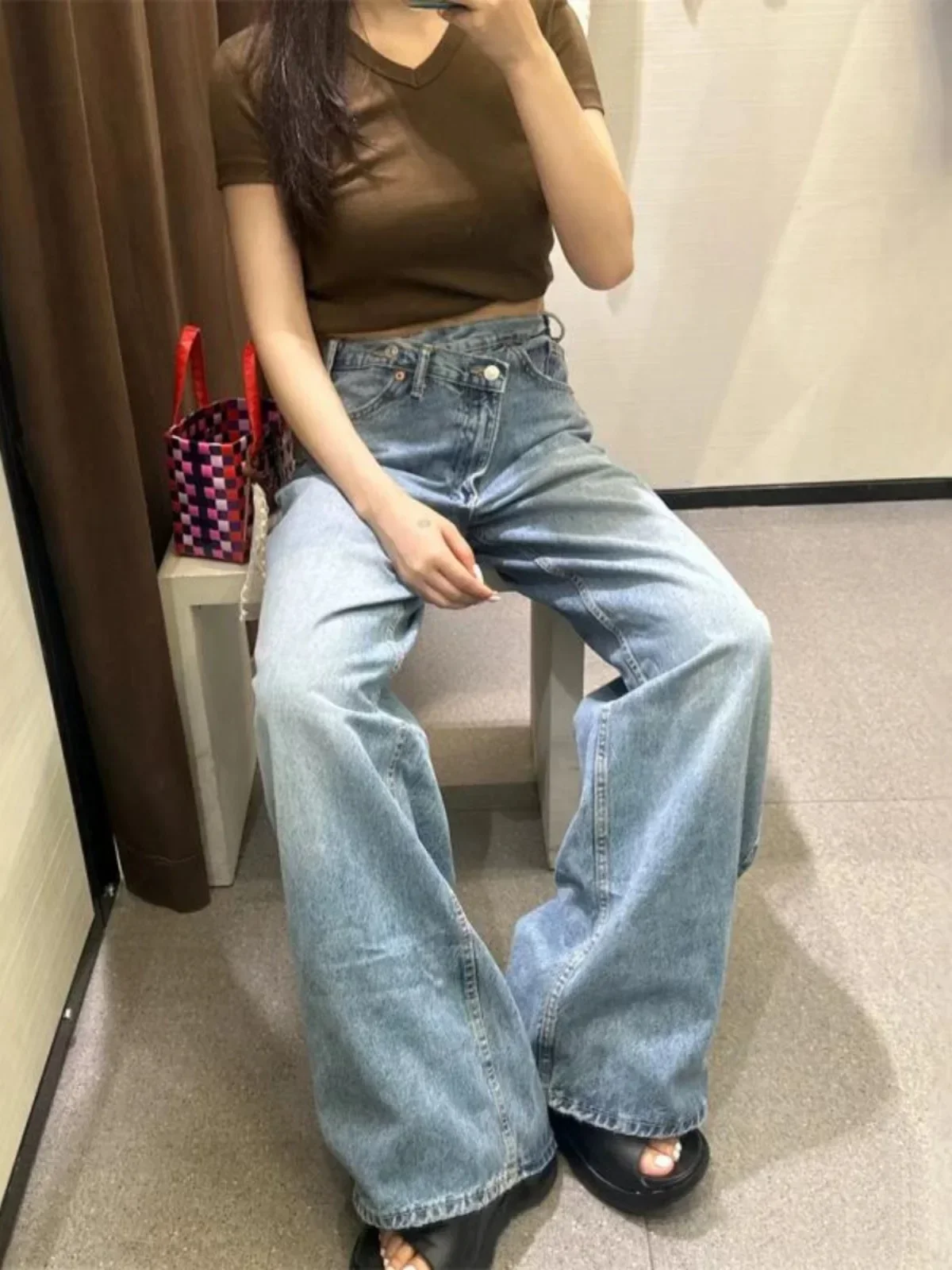 Pop ใหม่ผู้หญิง Basic Classic All-match แฟชั่นเอวสูงเอวกางเกงยีนส์ขากว้างหญิง