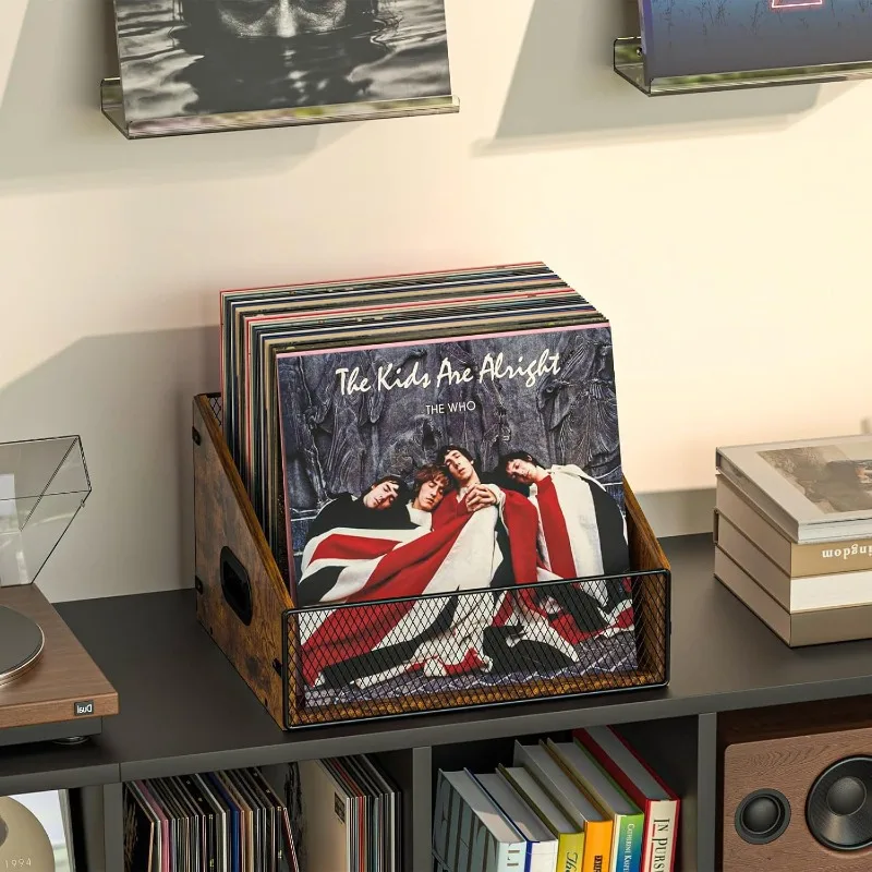 Wrought Iron Solid Wood Vinyl Record Display Rack, LP Album Storage Organizer for Home Record Collection, Bulk Supply