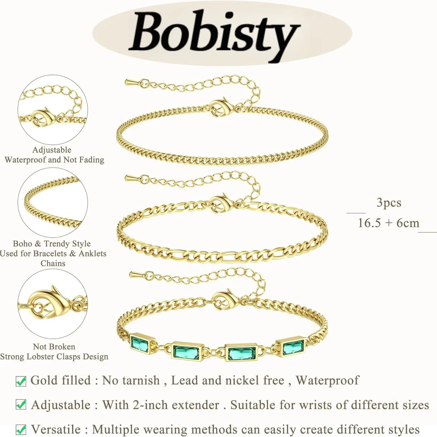 Bobisty 14K Gold Plated Bracelets for Women Men Dainty Waterproof Chain Stackable Bracelets Cuban Link Paperclip Jewelry Gift