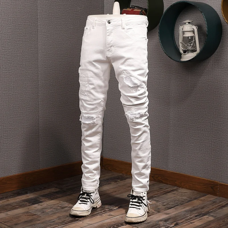 

Мужские джинсы премиум-класса в американском стиле, черные, с потертостями и нашивками, модная уличная одежда, облегающие брюки стрейч-фит с зауженным низом