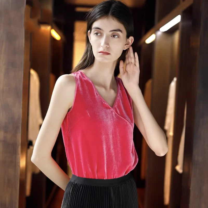 Women 2026 Fashion elegant Solid gold velvet Vest  Chic Vintage Outerwear velour tank tops office lady work vest plus size tanks
