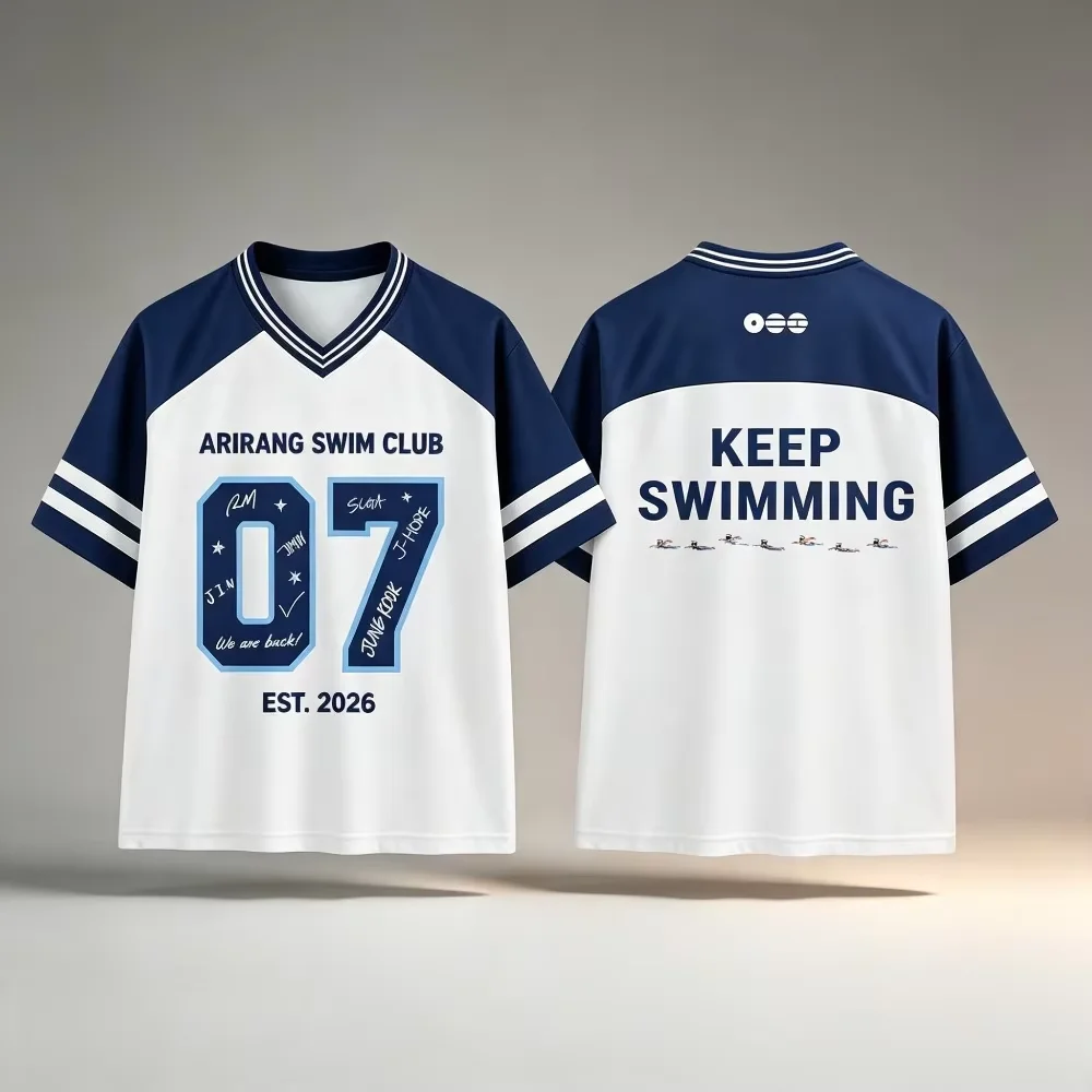 Arirang Swim Club Keep Swimming Graphic V Neck T Shirt Retro Sports Short Sleeve Casual Jersey Top