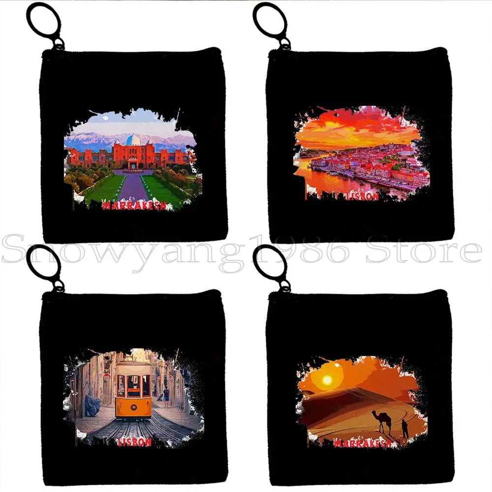 

Lisboa lisbon Portugal Marrakesh Morocco Seoul City Gifts Watercolor Ink Painting Canvas Coin Purse Key Case Bag Wallet Pouch