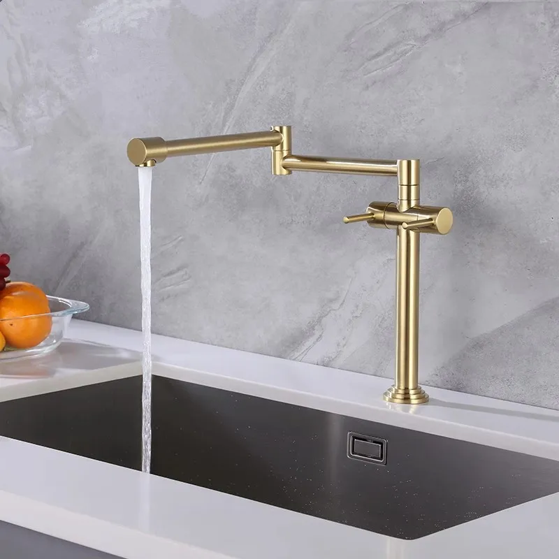 

Tuqiu Brushed Gold Pot Filler Tap Deck Mounted Foldable Black Kitchen Faucet Hot Cold Sink Tap Rotate Folding Spout Gold Brass