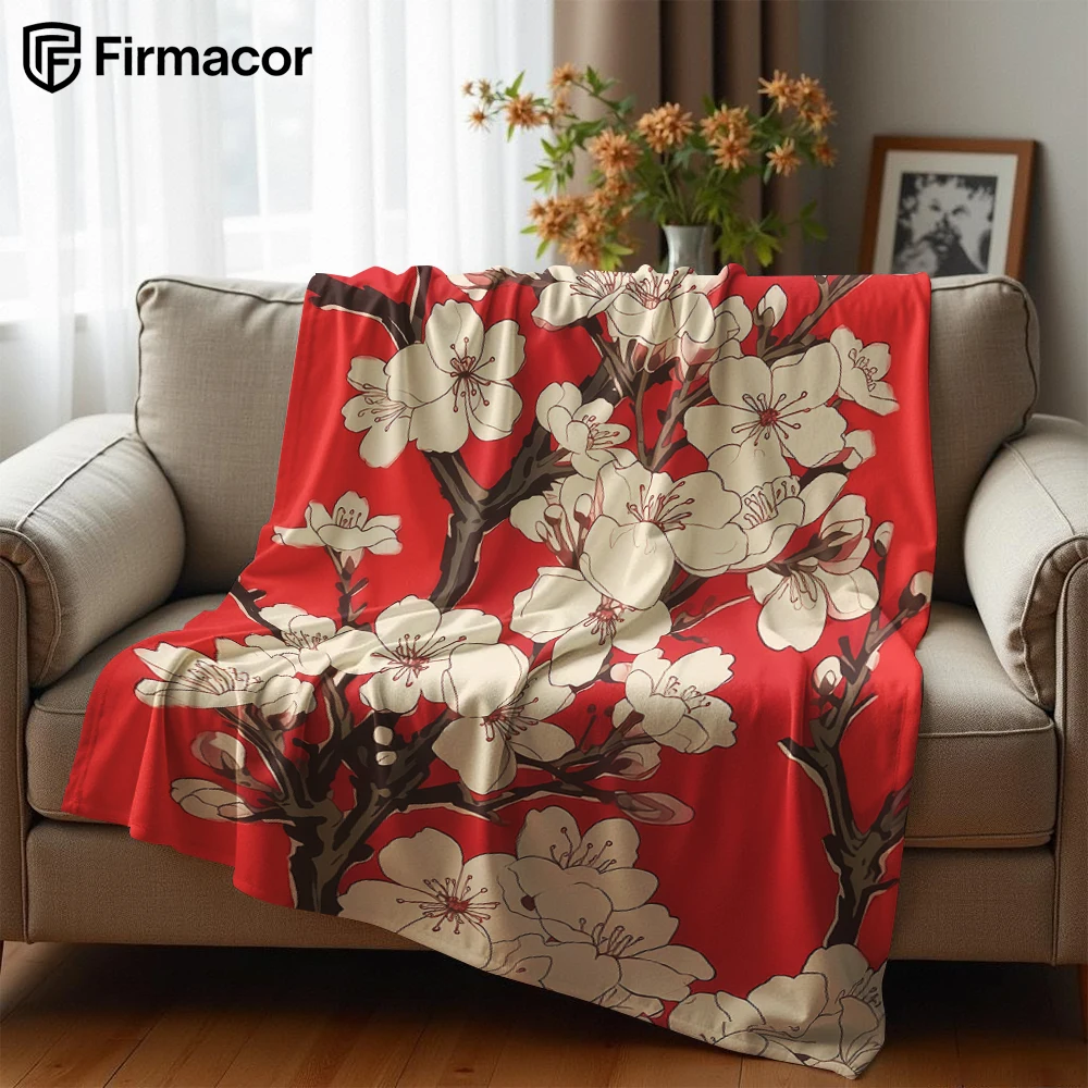 Cherry Blossoms on Red Cartoon Anime Print Flannel Blanket Soft Warm Throw for Kids Bedroom Sofa Bed Christmas Office Car
