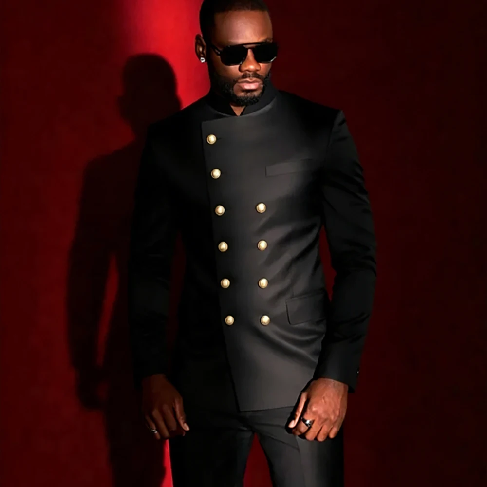 

Luxury Shiny Black Satin Suits for Man Stand Collar Double Breasted 2 Piece Jacket Pants Set Formal Wedding Party Male Clothing