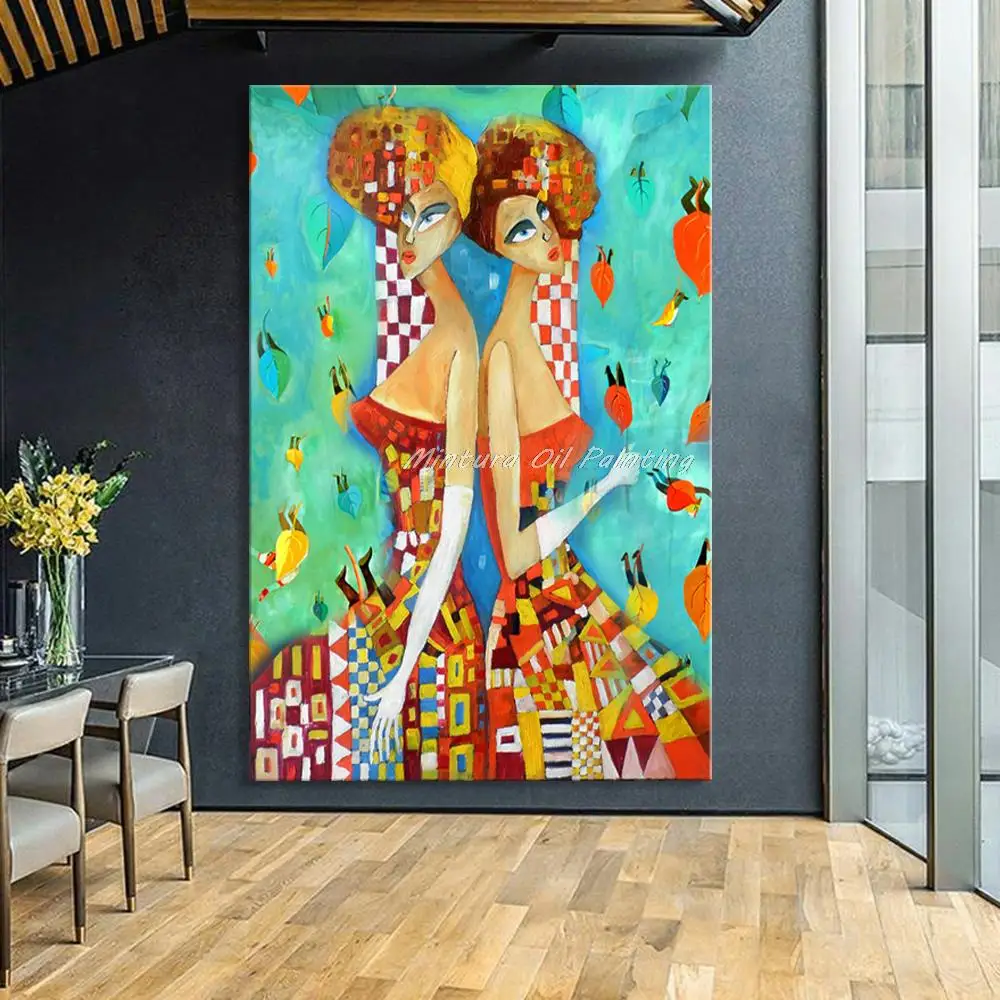 

Mintura Hand-Painted Beautiful Twin Girl Oil Painting On Canvas,Modern Abstract Art,Wall Picture For Living Room Home Decoration