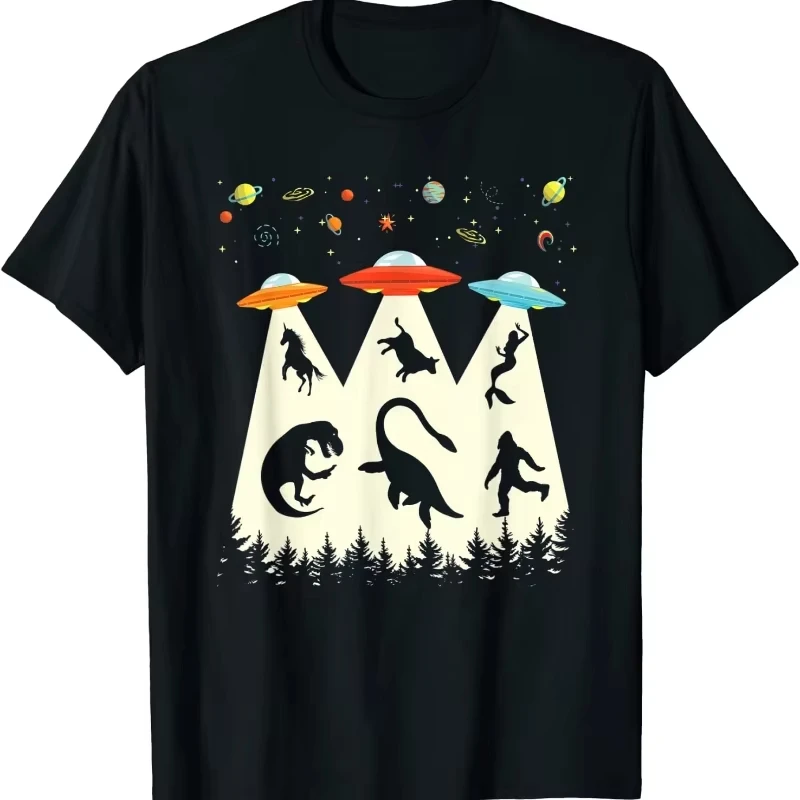 Funny UFO Abduction T-Rex Loch Ness Bigfoot Graphic T-shirt Unisex Cartoon Print Casual Summer Classic Daily Tops Camisetas