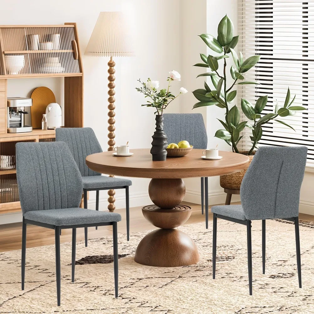 طقم كراسي طعام منجدة مكون من 4 قطع، طراز حديث لمنتصف القرن، كراسي قماش بإطار خشبي وأرجل معدنية، قماش شانيل