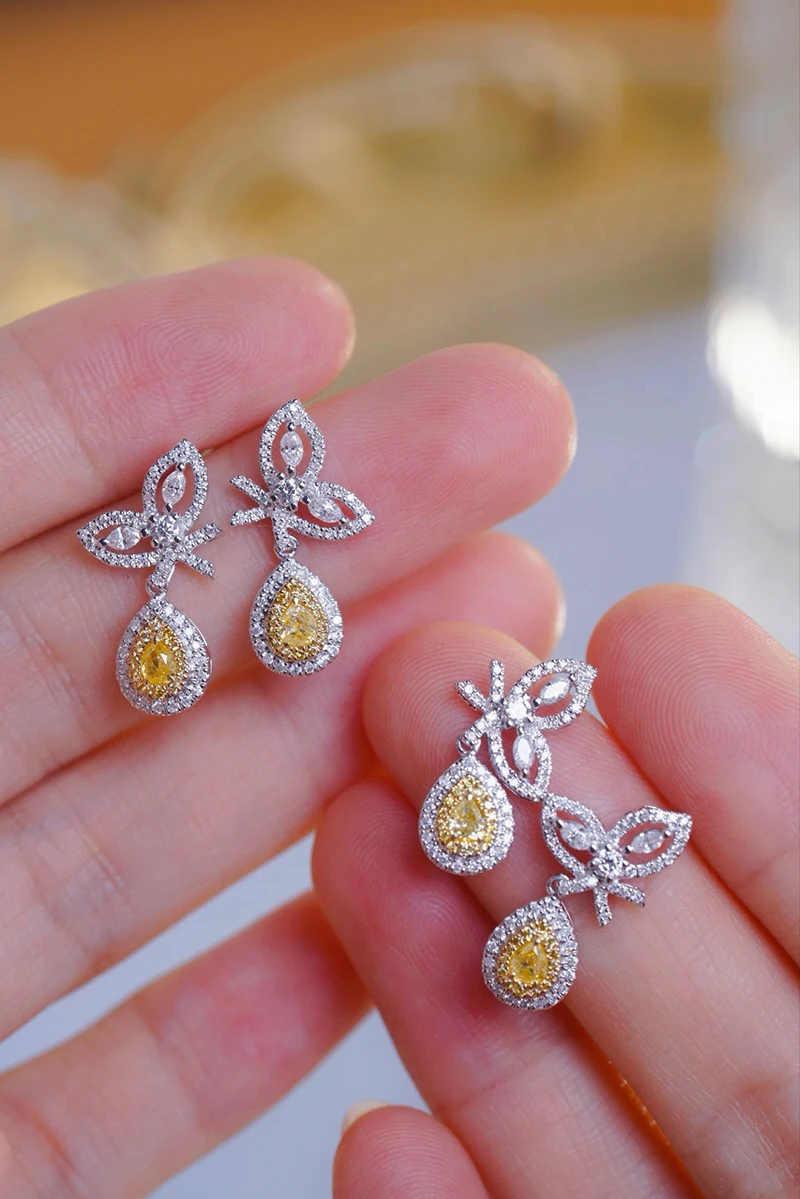 KUGG 18K White Gold Earrings 0.90carat Real Natural Yellow Diamond Earrings for Women Elegant Butterfly Shape Wedding Jewelry