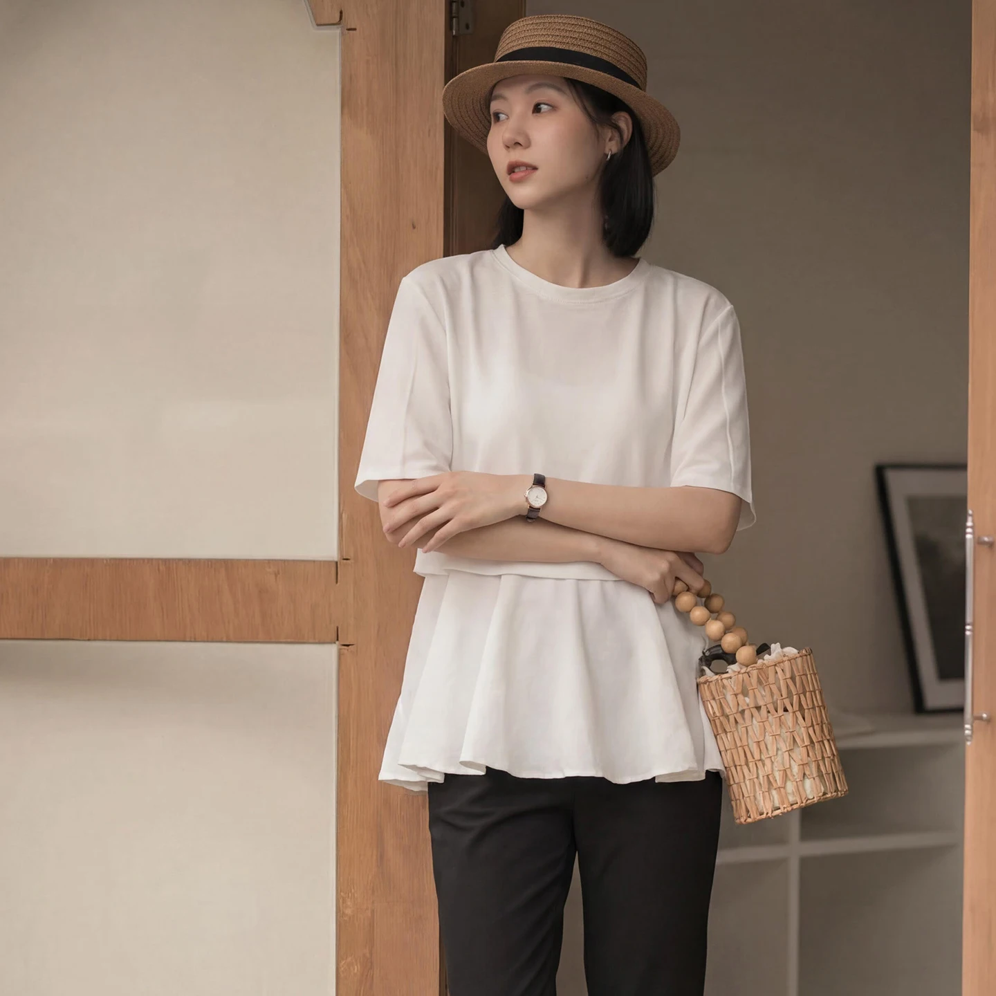 

Summer New Design Sense Short Sleeve Fake Two-Piece T-Shirt Women's Fashionable Cotton Polyester Blend Basic round Neck Top