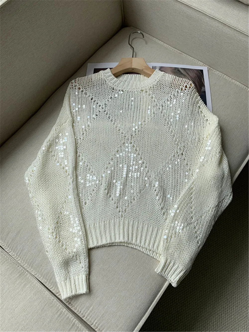 Sequins Decorated Knitted Sweater Hollow cotton linen Blended Pullover Top