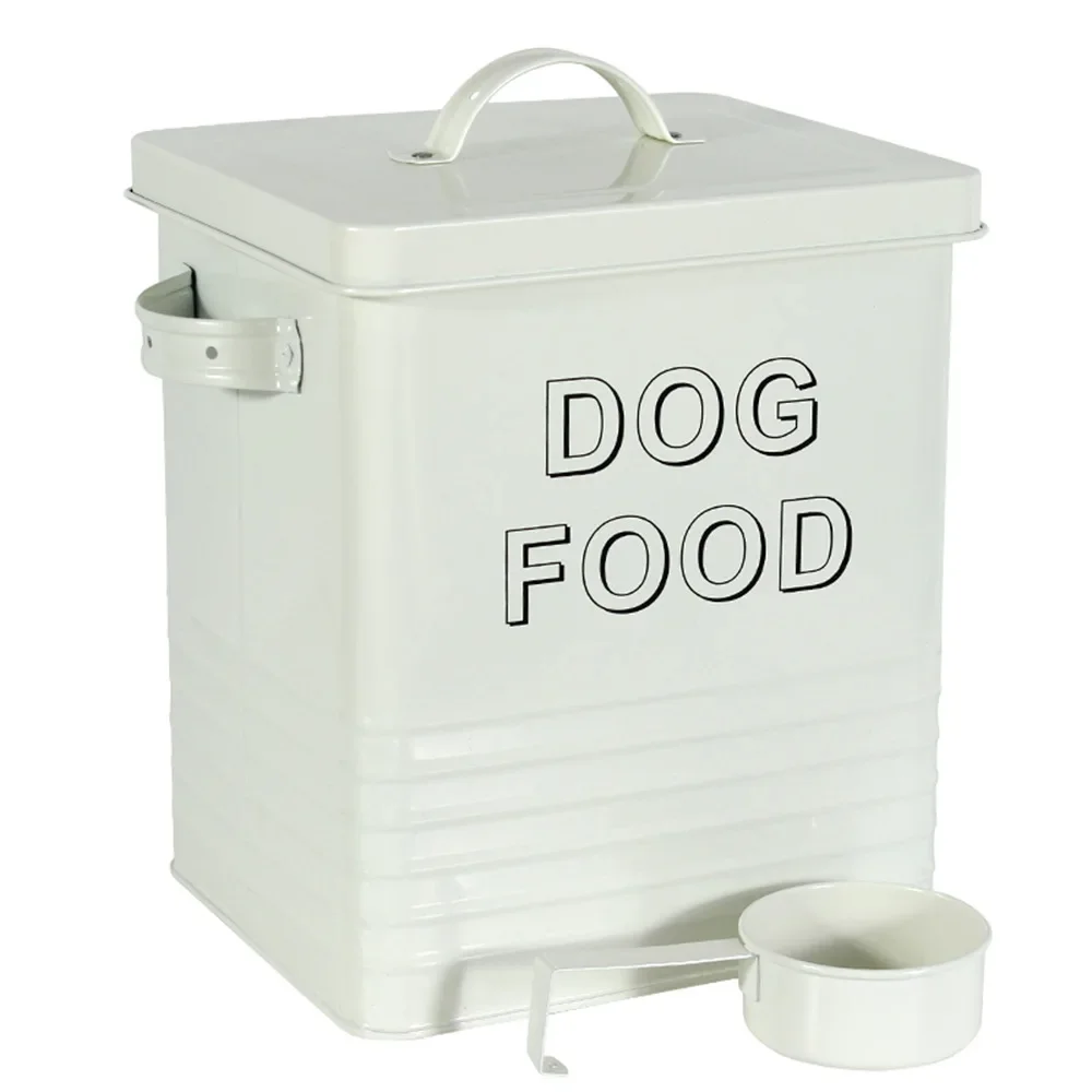 Cubo de comida para perros sellado, cubo de almacenamiento de granos de hierro, tanque sellado, cubo de comida para mascotas a prueba de humedad con cuchara