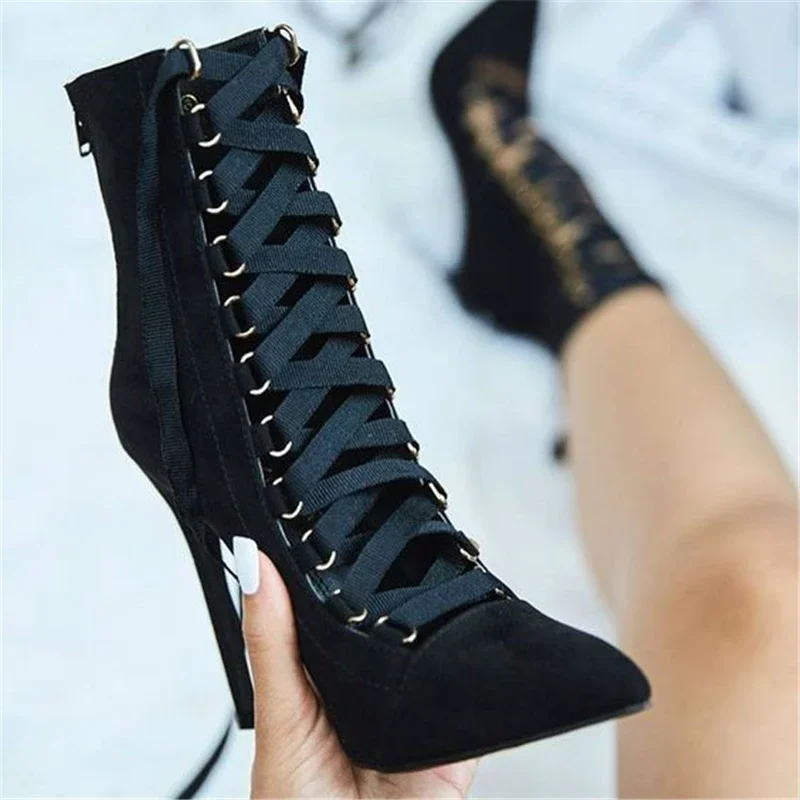 Women Sandals Flock Lace Up 11CM Thin Heels High Heels Pointed Toe Shallow Ankle Strap Women Shoes Sandalias Mujer Size 35-42