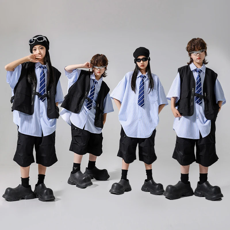 

Hip Hop Clothing Boys Cool Striped Tshirt Girs K-pop Jazz Waistcoat Clothes Sets Children Streetwear Kids School Uniforms