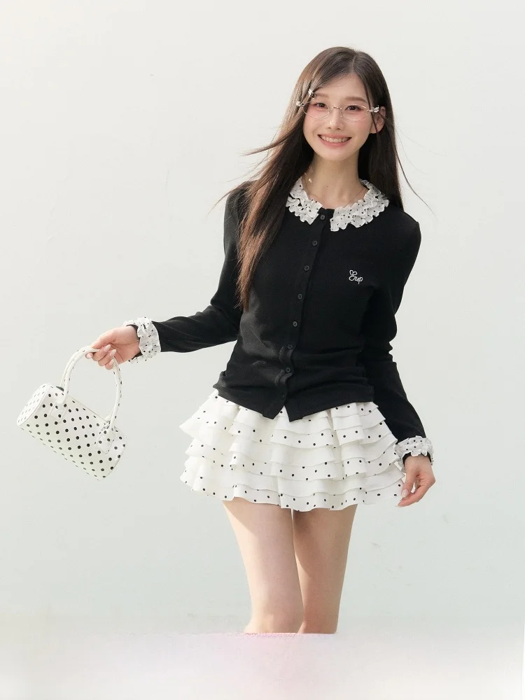 

Женский вязаный кардиган ELEVEN SP с длинными рукавами, в корейском стиле, универсальный, элегантный топ с кружевными рукавами в горошек, приталенный крой