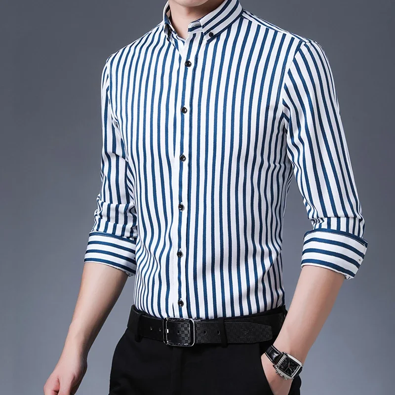 

2024Men's Non-iron Stretch Long Sleeve Striped Dress Shirts Smart Casual Smooth Material Standard-fit Youthful Button-down Shirt