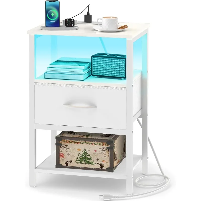 3-Tier LED White Night Stand with Adjustable Fabric Drawer Charging Station for Bedroom, Living Room, Small Side Table