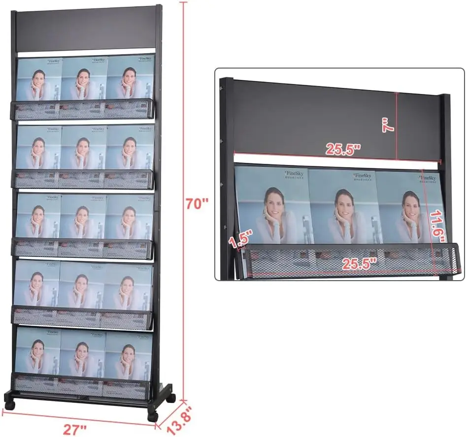 Floor Brochure Display Stand With Wheels For Office Reception Literature Rack