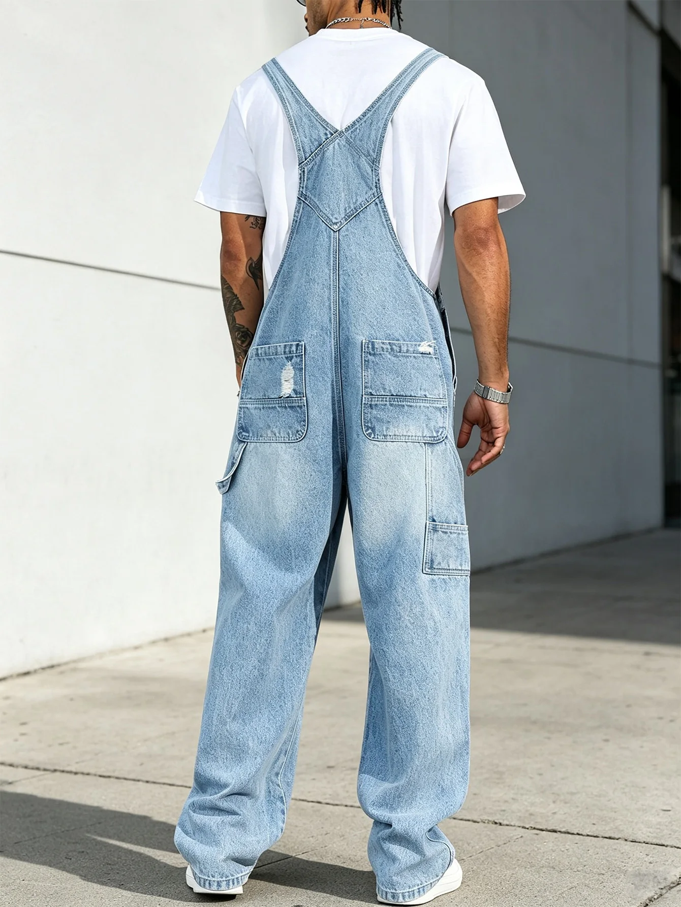 Men's Light Blue Distressed Ripped Denim Overalls, Vintage Wide-Leg Workwear Jumpsuit, Streetwear Pants