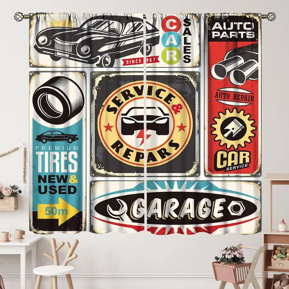 Retro 1950s Style Car-Themed Curtains, 2-Panel Set, 84x84 inches for Window Treatments or Room Decor