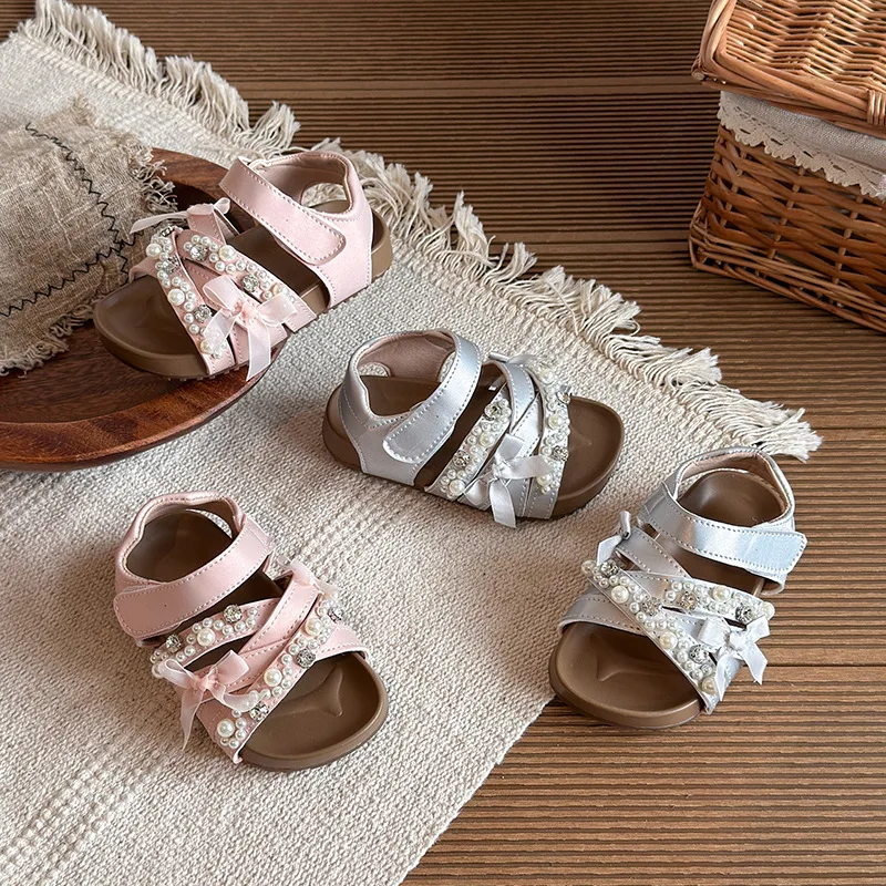 Girls Beach Shoes Sweet Beading Princess Style Kids Casual Sandals Open Toes 2026 Summer New Children Fashion Shoes Soft Sole