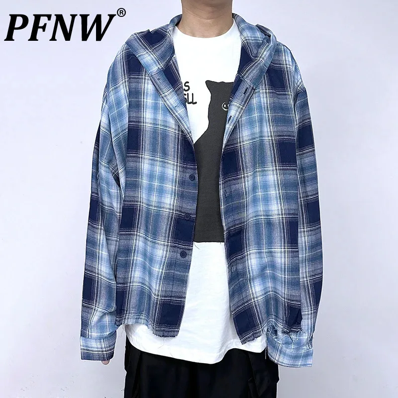 

PFNW Plaid Design Male Hooded High Street Shirt New Long Sleeved Single Breasted Men's Autumn American Style Trendy Tops 28W4334