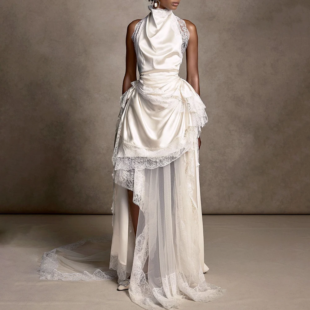 Elegant Asymmetrical High Neck Lace Wedding Dress with High Slit Illusion Sleeveless Floor-length Bridal Gown Custom Made