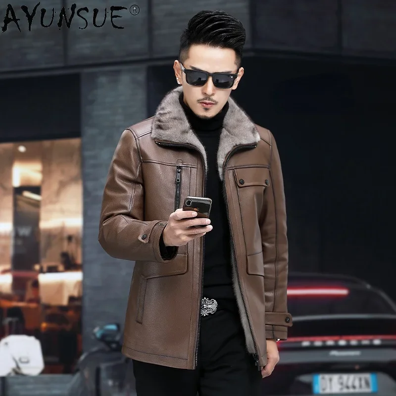 

AYUNSUE Genuine Cowhide Leather Jacket Men Warm Mink Fur Liner Jacket Male Short Korean Leather Jackets Jaqueta De Couro SQQ822