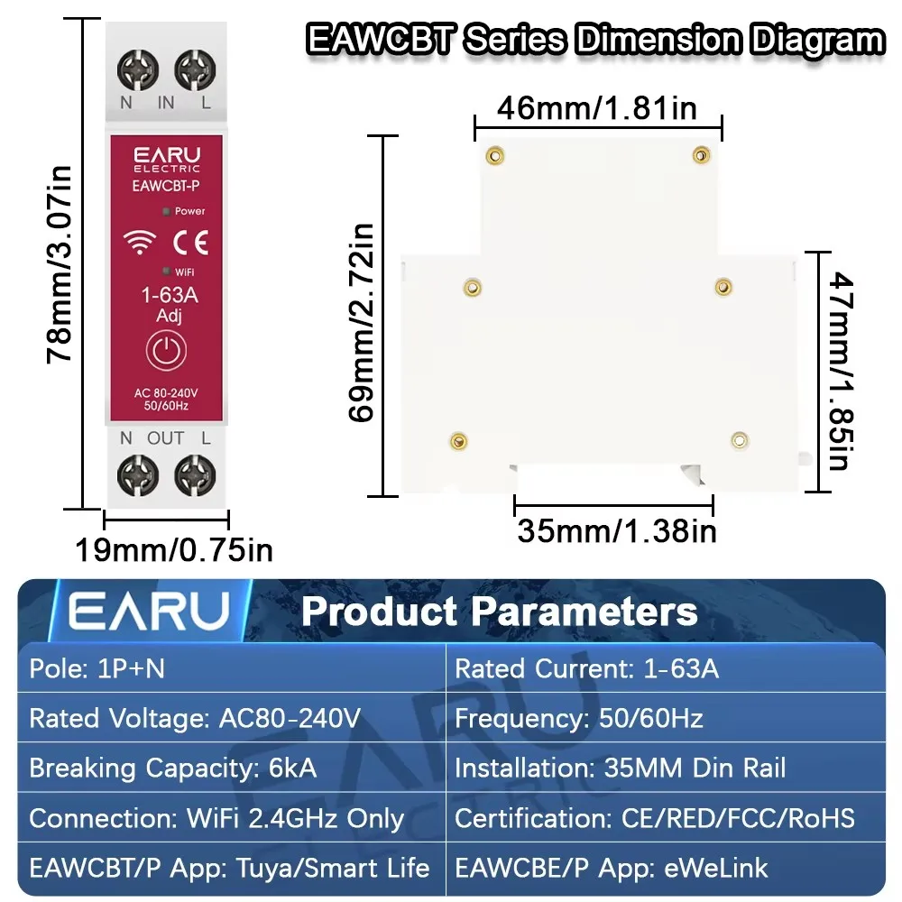 EARU Tuya EWeLink App Smart WiFi MCB Circuit Breaker Current Voltage kWh Energy Meter Protector Time Relay Switch Remote Control