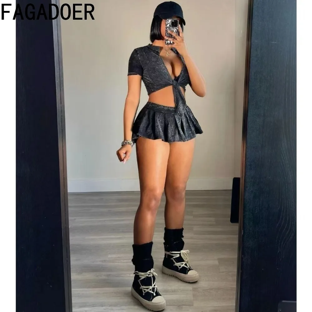 FAGADOER-Haut Court à Manches Courtes pour Femme, Streetwear Y2K, Bandage en V Profond, avec Short, Sous Mini Jupes, Vêtements Sexy