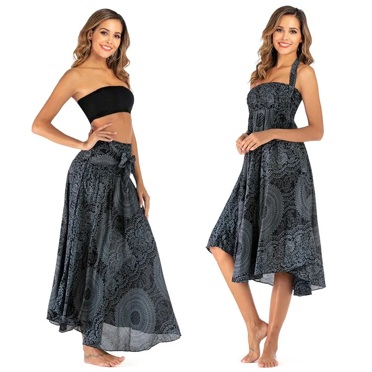 Women's Boho Flared Midi Long Skirt for Women with Halter Neck Sleeveless Elastic Waist Printed No Collar Casual Wrap Skirt