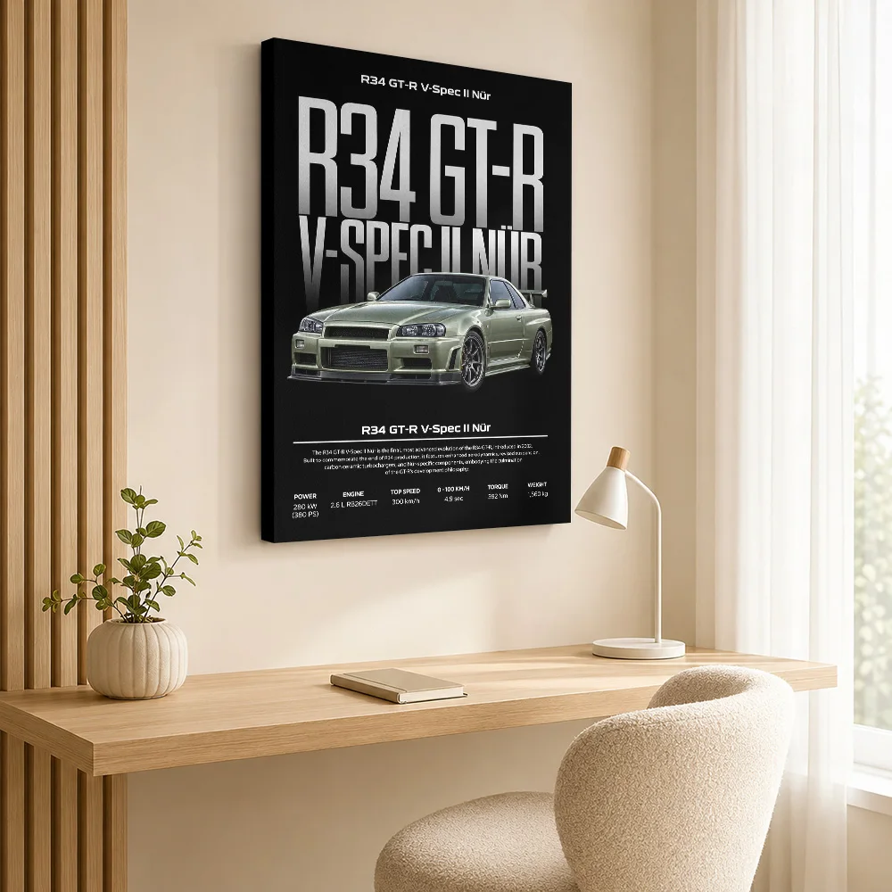 Japanese R34 GT-R V-Spec II Nur Sports Car Canvas Print Customized Photo Specification Layout Wall Art For Office Driver Gift