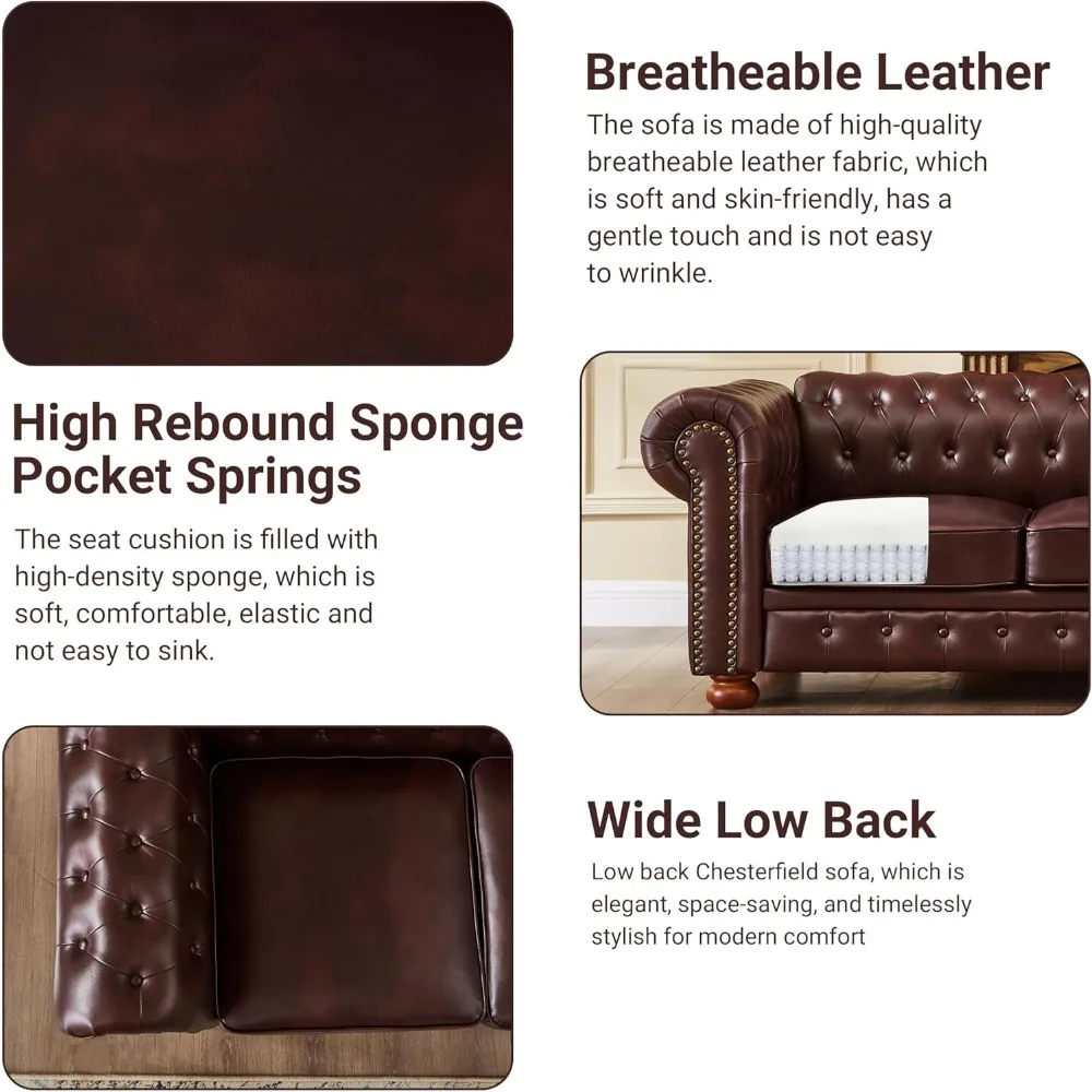 Chesterfield Sofa, 89" Faux Leather Sofa, Upholstered Sofa, Low Back, Rolled Arms Nailhead Trim, Classic 3 Seater Sofa image 5