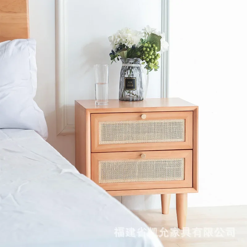 Japanese Nightstands Solid Wood Bedside Table Rattan Low Cabinet Corner Bedroom Drawers Apartment Locker Magazine Bookcase