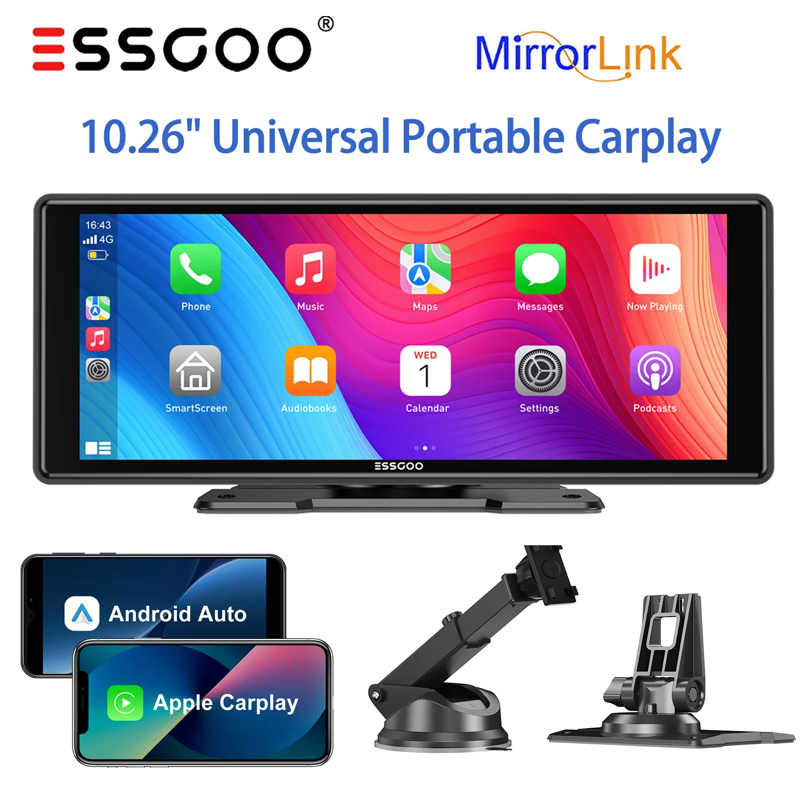 ESSGOO Cámara de Coche Portátil Universal de 10.26 Pulgadas, Inalámbrica, con CarPlay, Android Auto, Pantalla HD de 1600*600, GPS, Navegación, Mirror Link, FM, USB, BT, AUX, TF