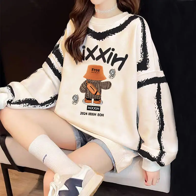 2024 New Long Sleeve Sweatshirts Autumn Winter Loose All-match Mid Length Top Female Casual Letter Cartoon Top Tee Women Clothes