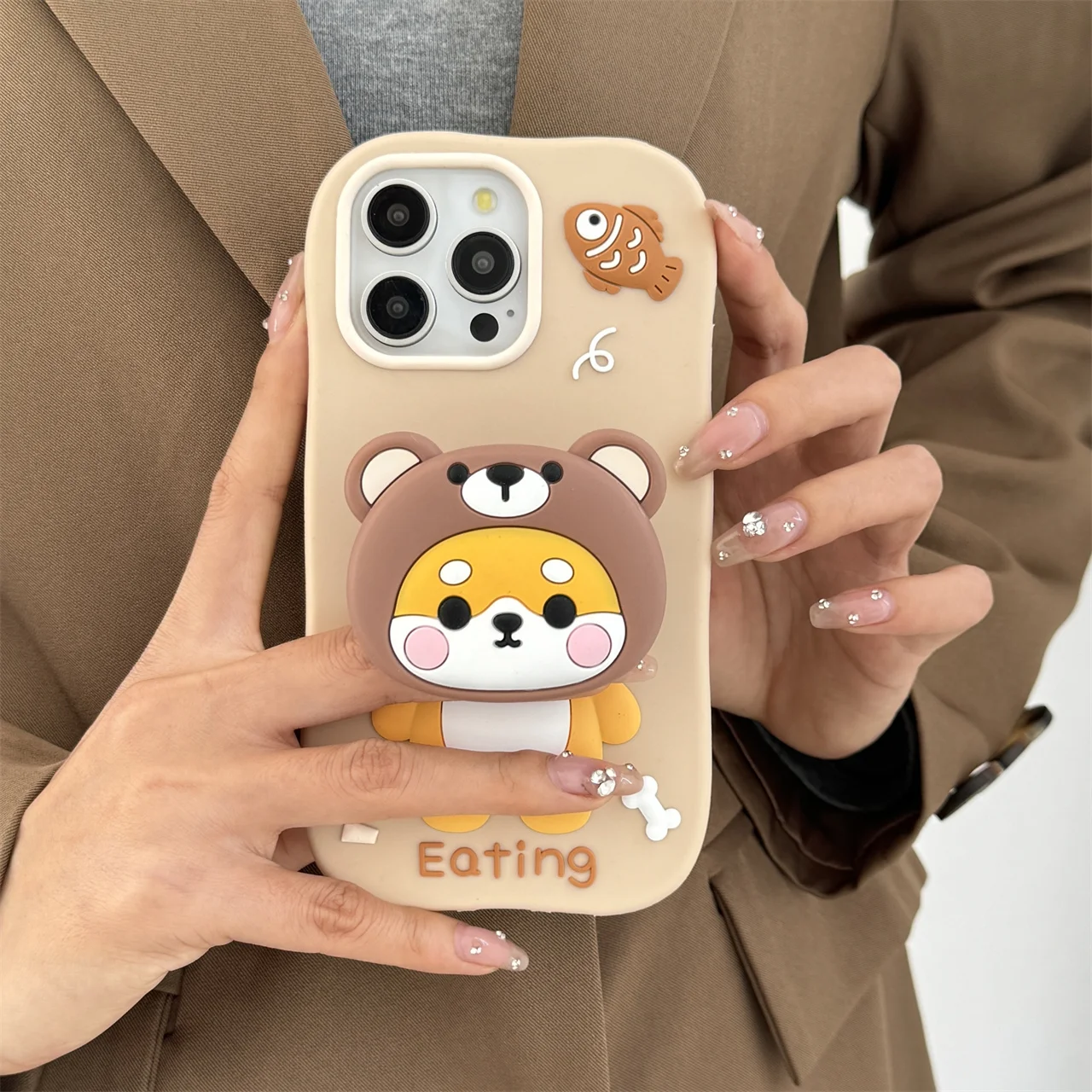 

3D Cute Cartoon Bear Dog with Retractable Kickstand - Soft Silicone Phone Case for iPhone 11 12 13 14 15 16 Pro Max Phone Cover