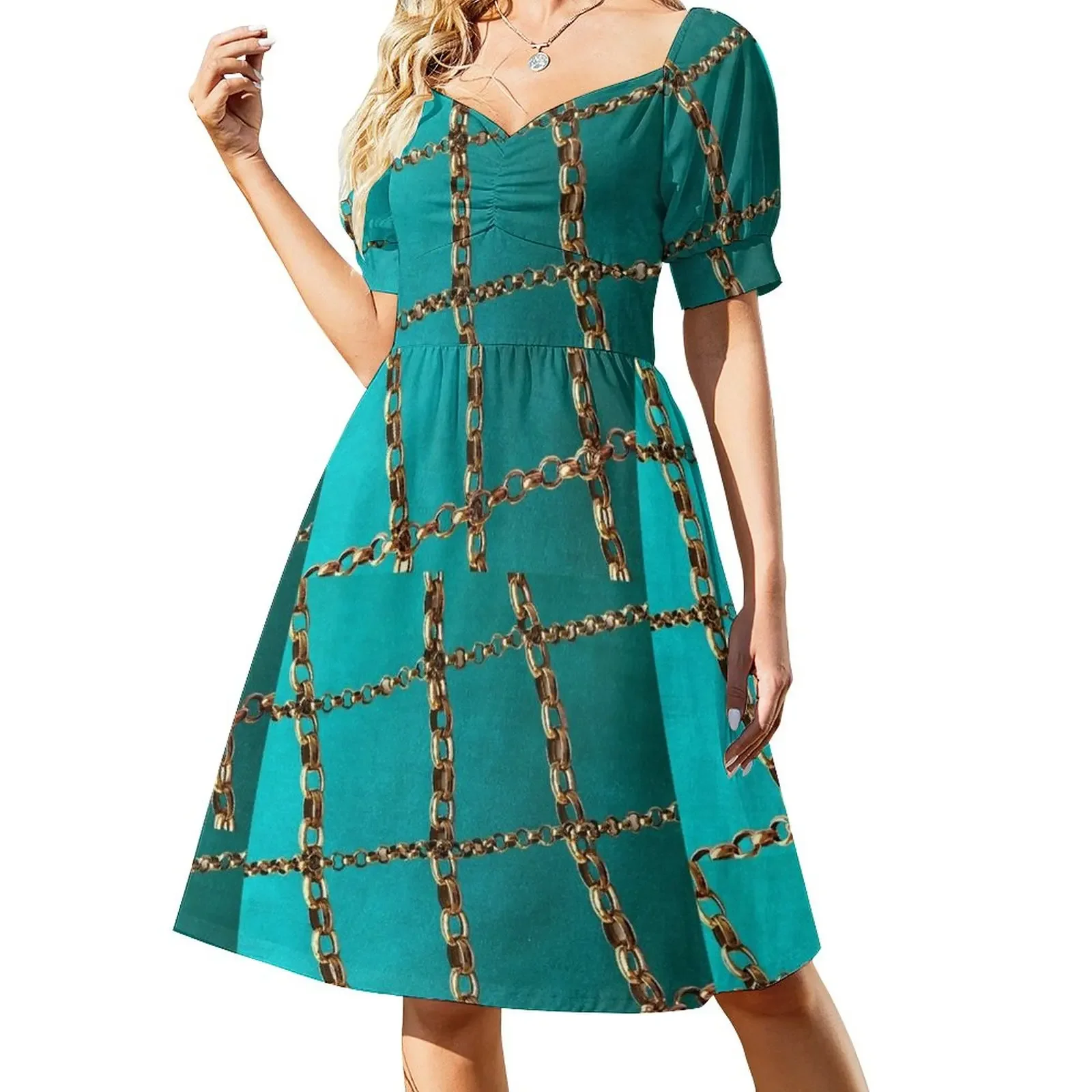 

Gold chains on silky fabric Short-Sleeved Dress women's fashion dresses summer clothes