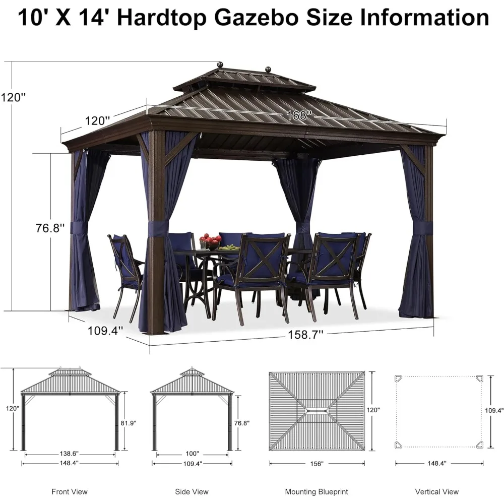 10' X 14'Hardtop Gazebo for Patio with Netting and Curtains Deck Backyard Heavy Duty Sunshade Metal Roof Outdoor Pavilion Canopy