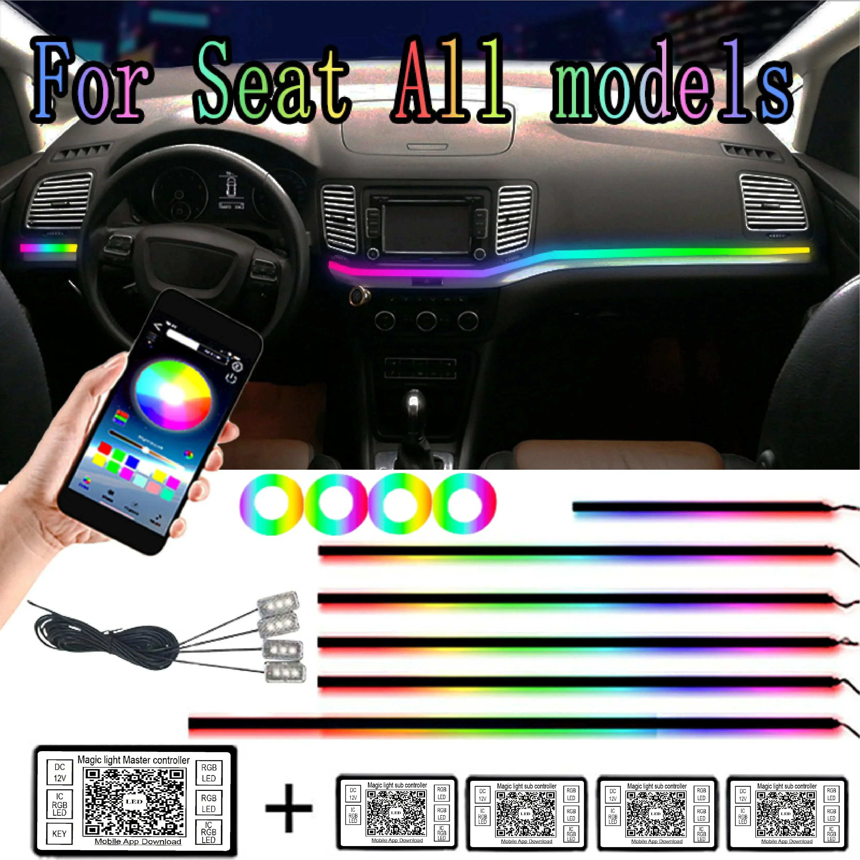 

For SEAT Symphony Decoration Ambient Lights Car Atmosphere Interior LED Acrylic Guide Fiber Optic Universal 18 in1 64 Color RGB