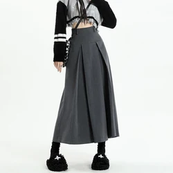 Vintage Grey Suit A-line Skirt Women's Spring Autumn College Style High Waist Pleated Mid Length Skirt Femal