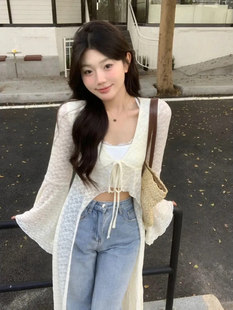 

Богемные длинные блузки с расклешенными рукавами, 2024, женская одежда, Camisas De Mujer, бандажные рубашки-туники, шикарные кружевные прозрачные летние топы