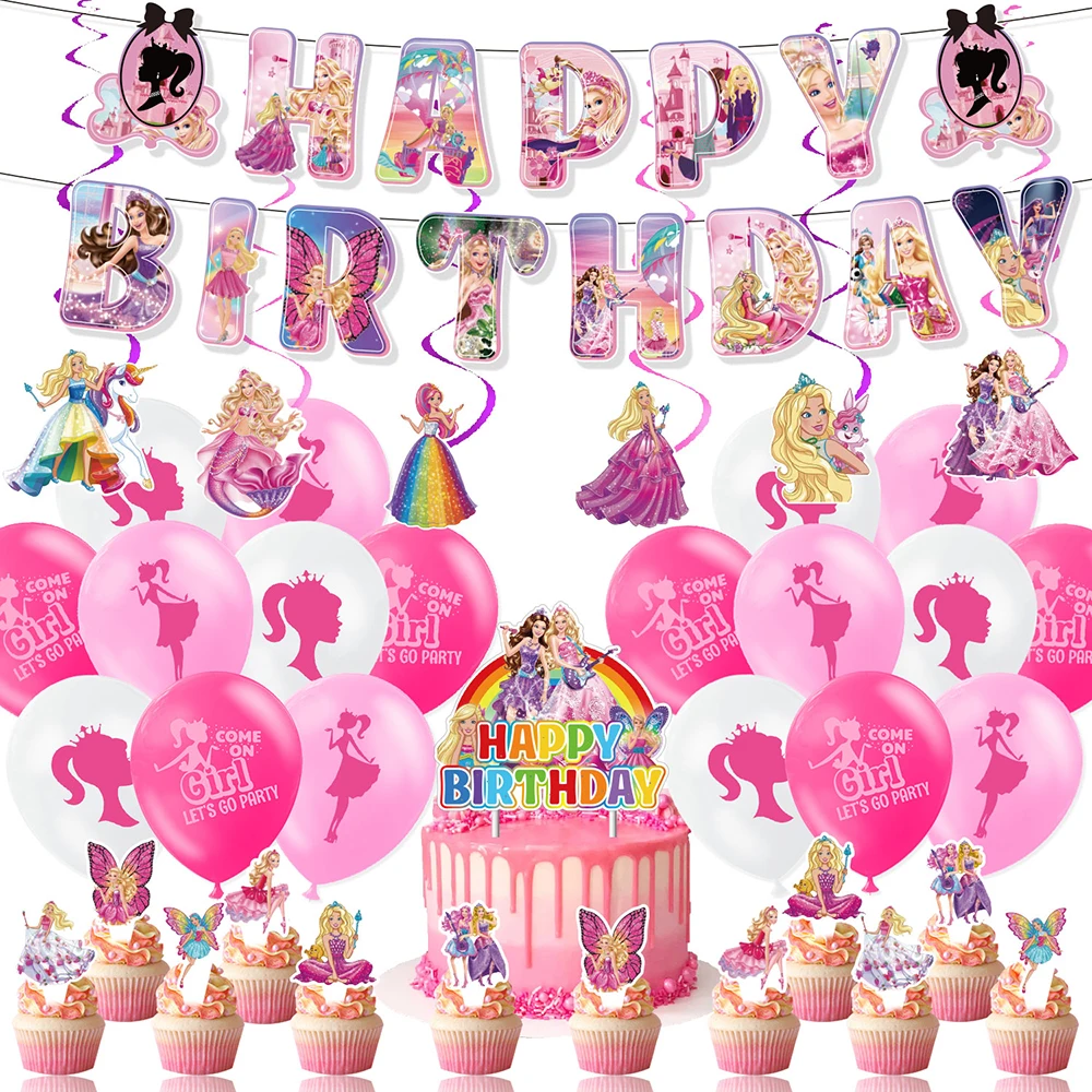 

Pink Barbie Birthday Party Decoration Banner balloons Pink Princess Girl cake topper For Bbay Girl Party Decoratio