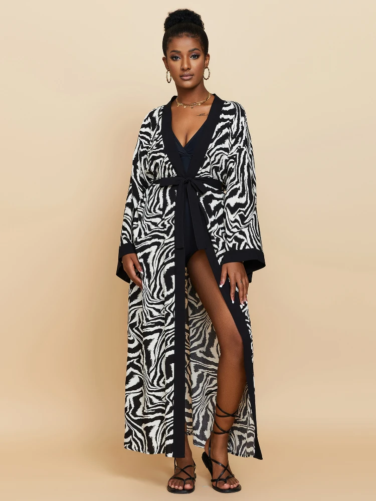 Zebra Beach Kimono Swimsuit Cover Ups for Swimwear Women Printed Self Belted Summer Long Cape Bathing Suits Sales