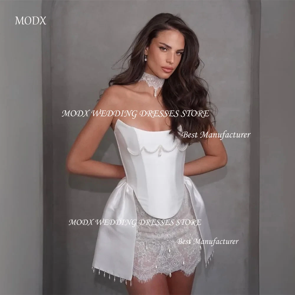 MODX Mini-Hochzeitskleid, trägerlos, A-Linie, Spitze, Brautkleider über dem Knie, ärmelloses Brautkleid, Mustache, Serpione Yar Nadal Antara